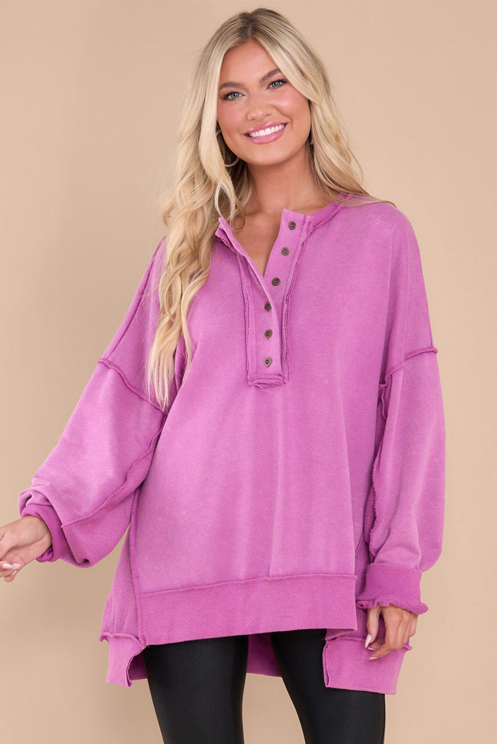 Green Patchwork Exposed Seam Oversized Henley Sweatshirt
