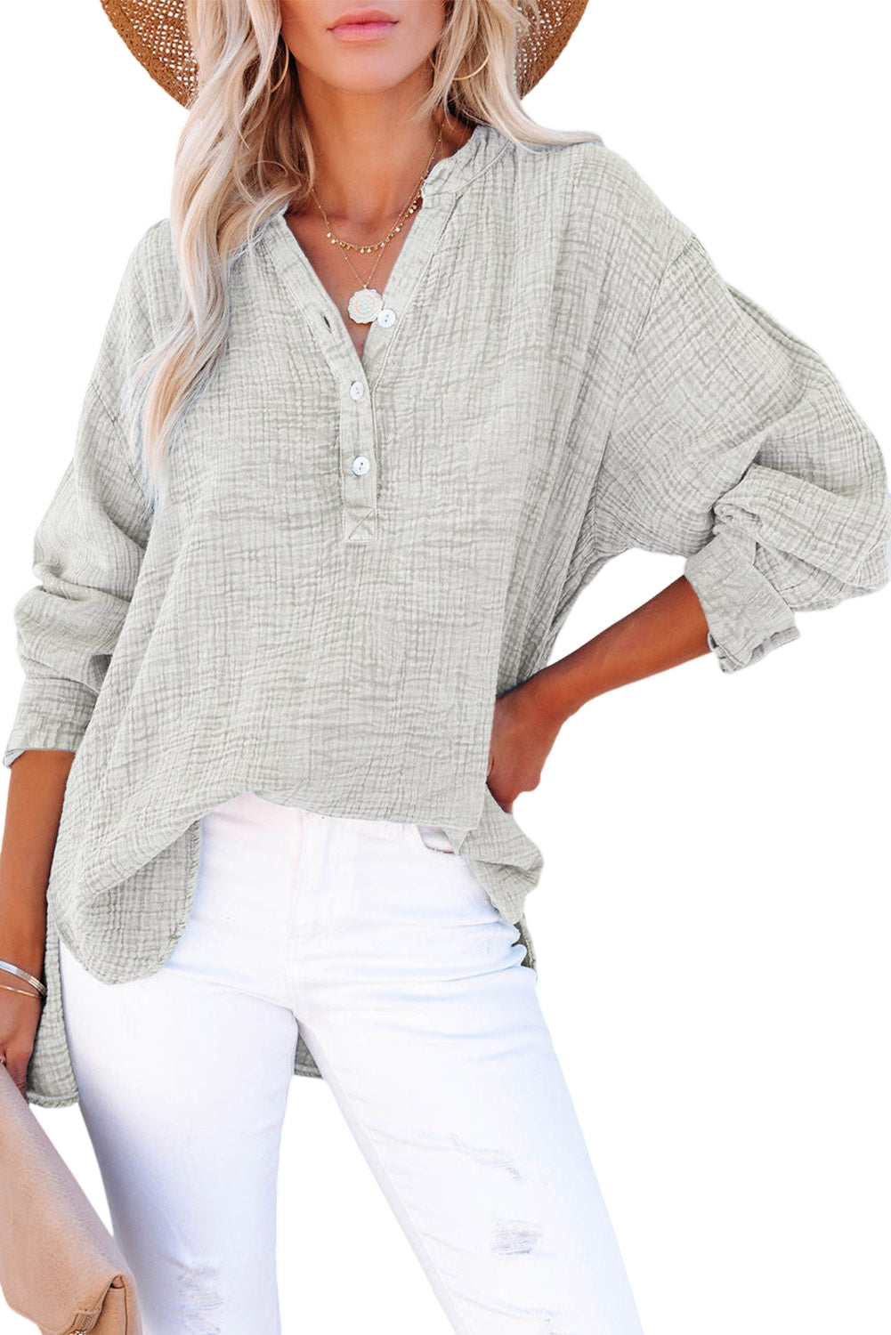 Gray Loose Crinkle Button V Neck Henley Top