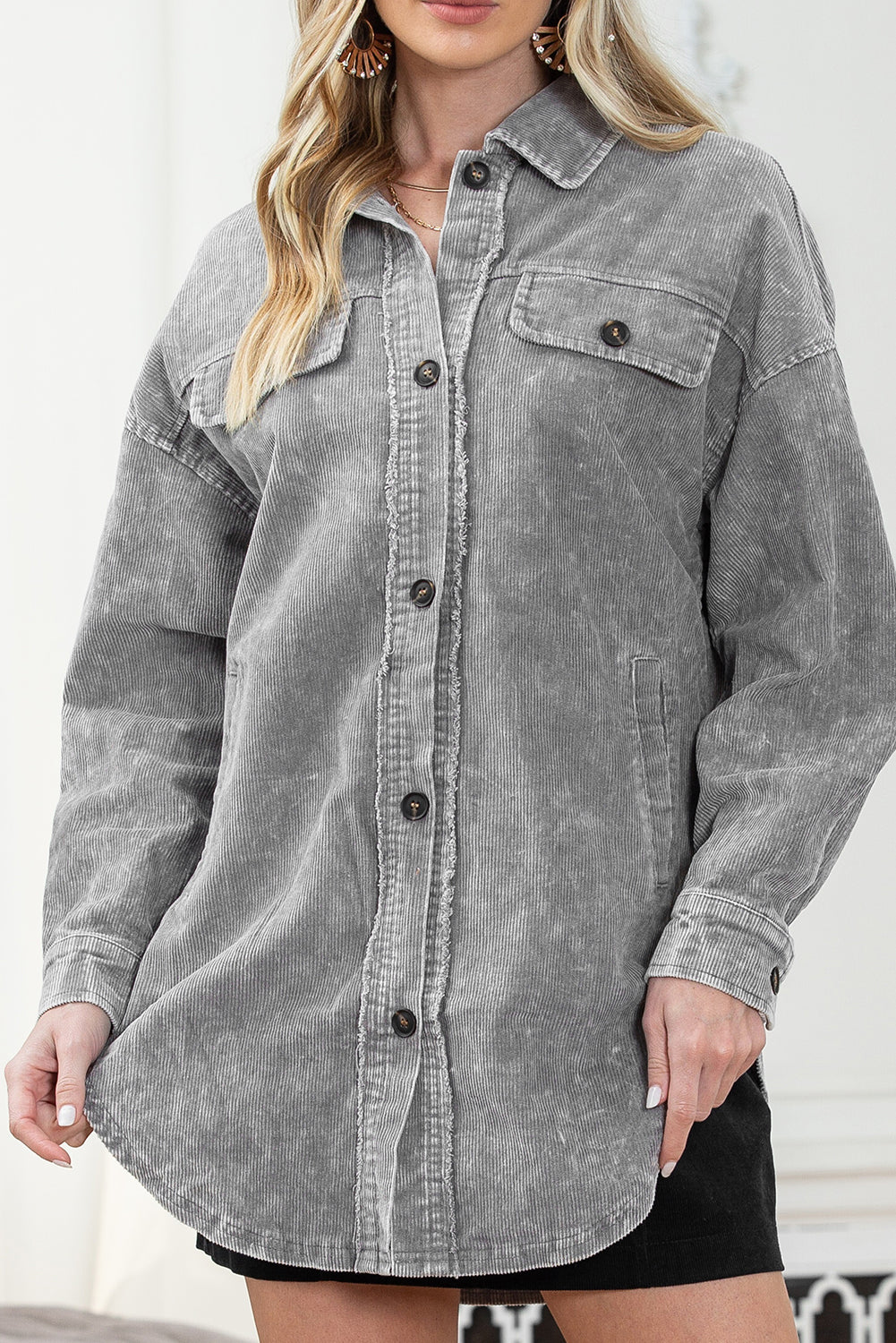 Gray Vintage Distressed Mineral Wash Oversized Shacket