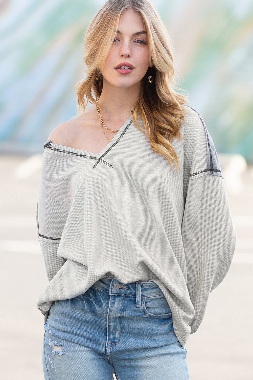 Gray Patchwork Ribbed Drop Shoulder Long Sleeve Top