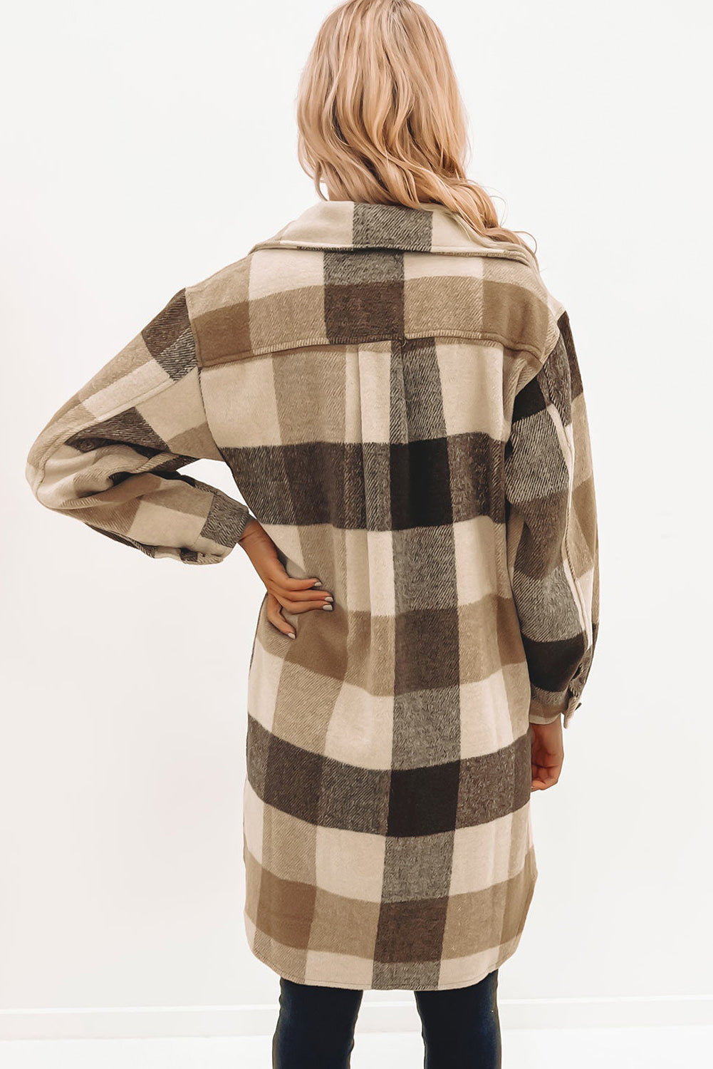 Rose Plaid Button Down Flap Pocket Long Shacket