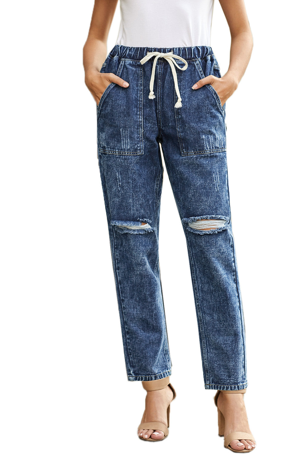 Dark Blue Casual Gather Round Distressed Pocketed Jeans