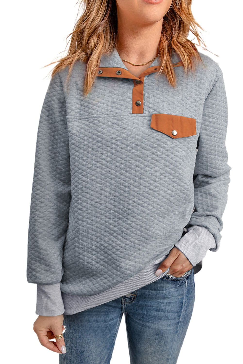 Grey Stand Collar Brown Quilted Snap Button Sweatshirt