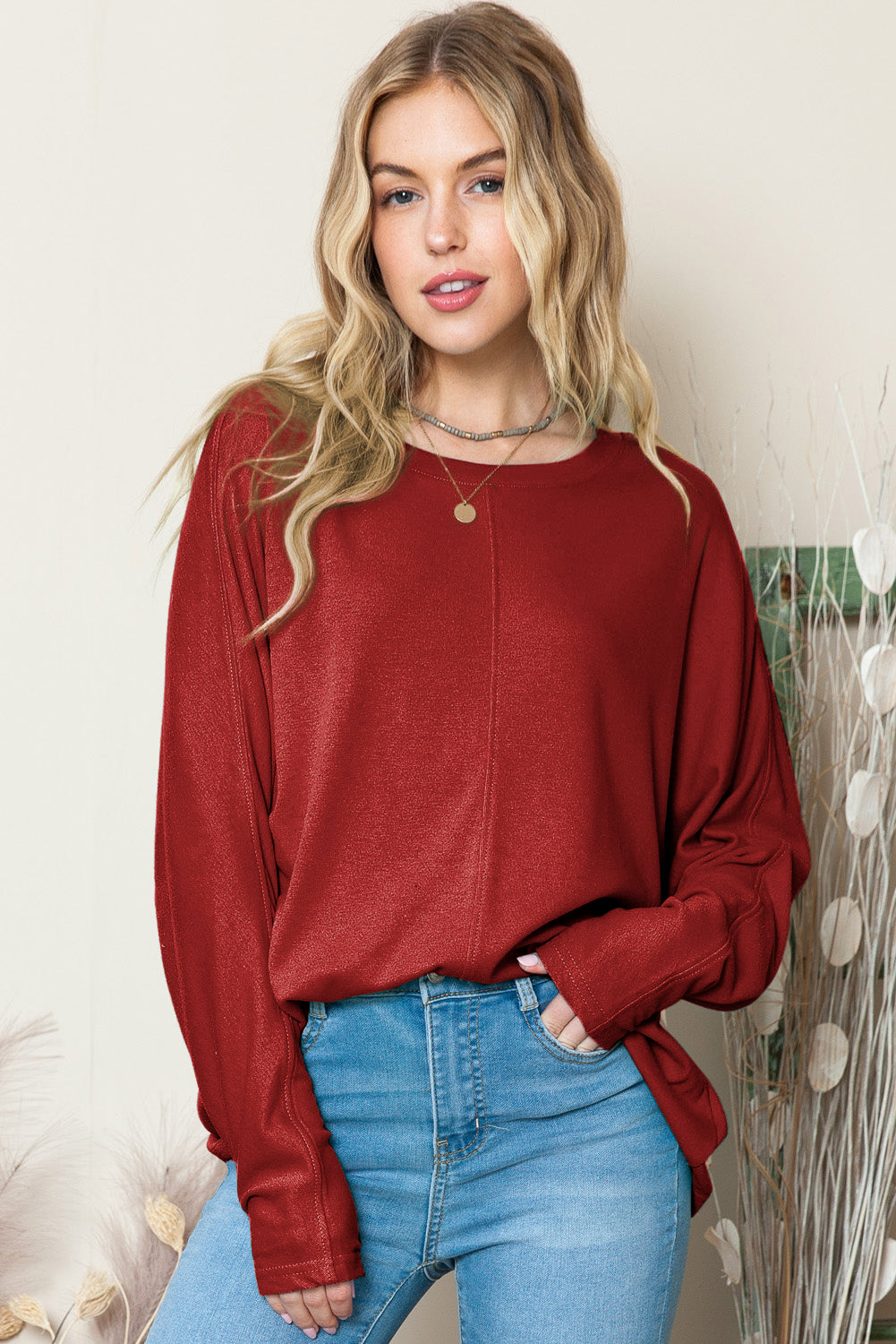 Red Basic Solid Color Seam Patchwork Long Sleeve Top