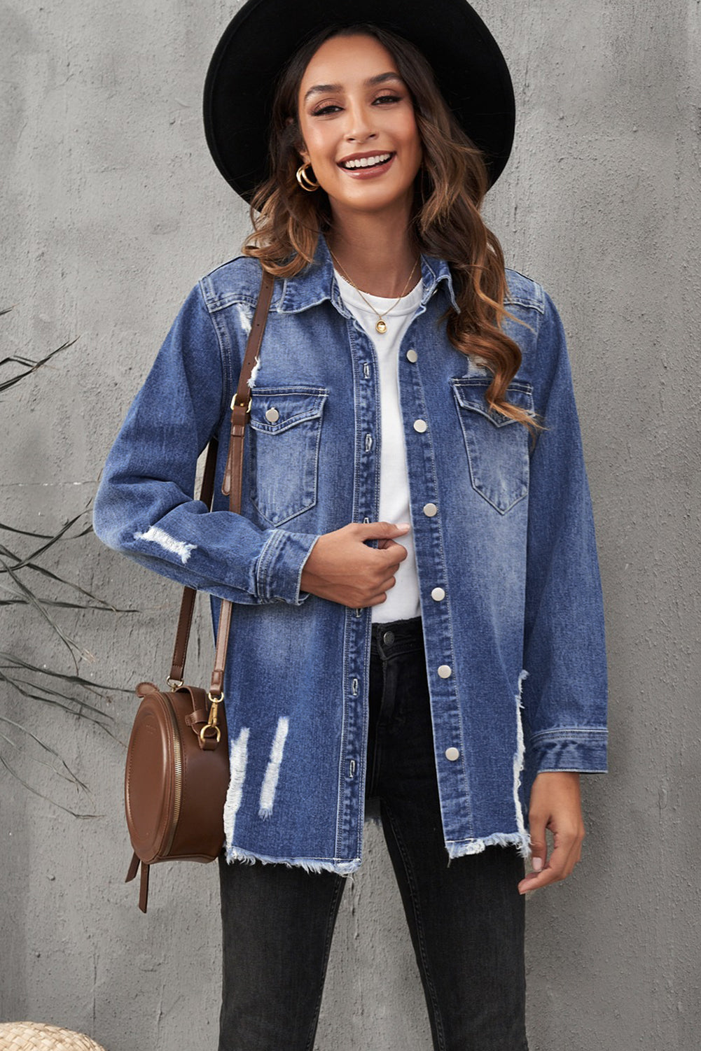 Dark Blue Flap Pocket Distressed Raw Hem Denim Jacket