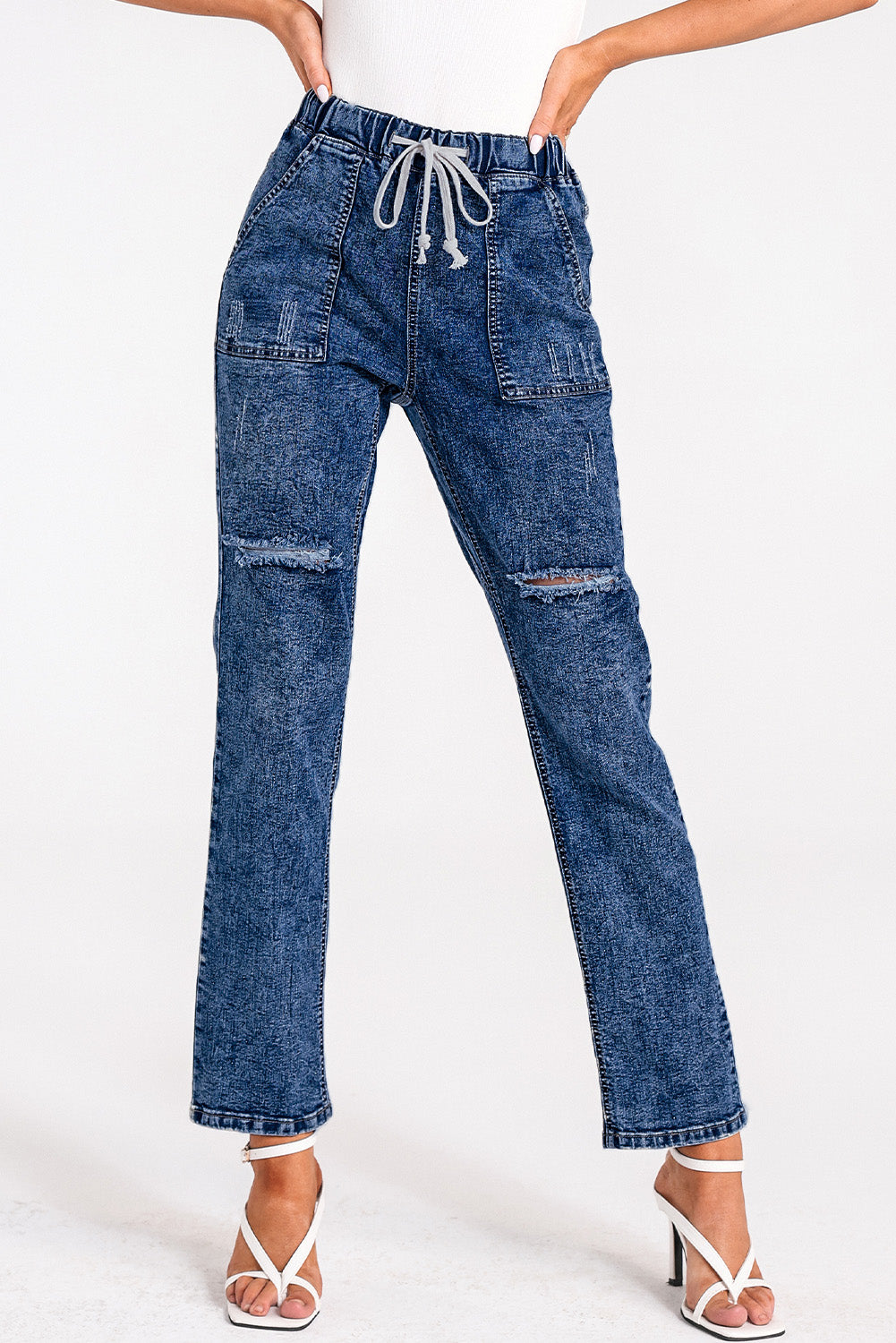 Dark Blue Casual Gather Round Distressed Pocketed Jeans