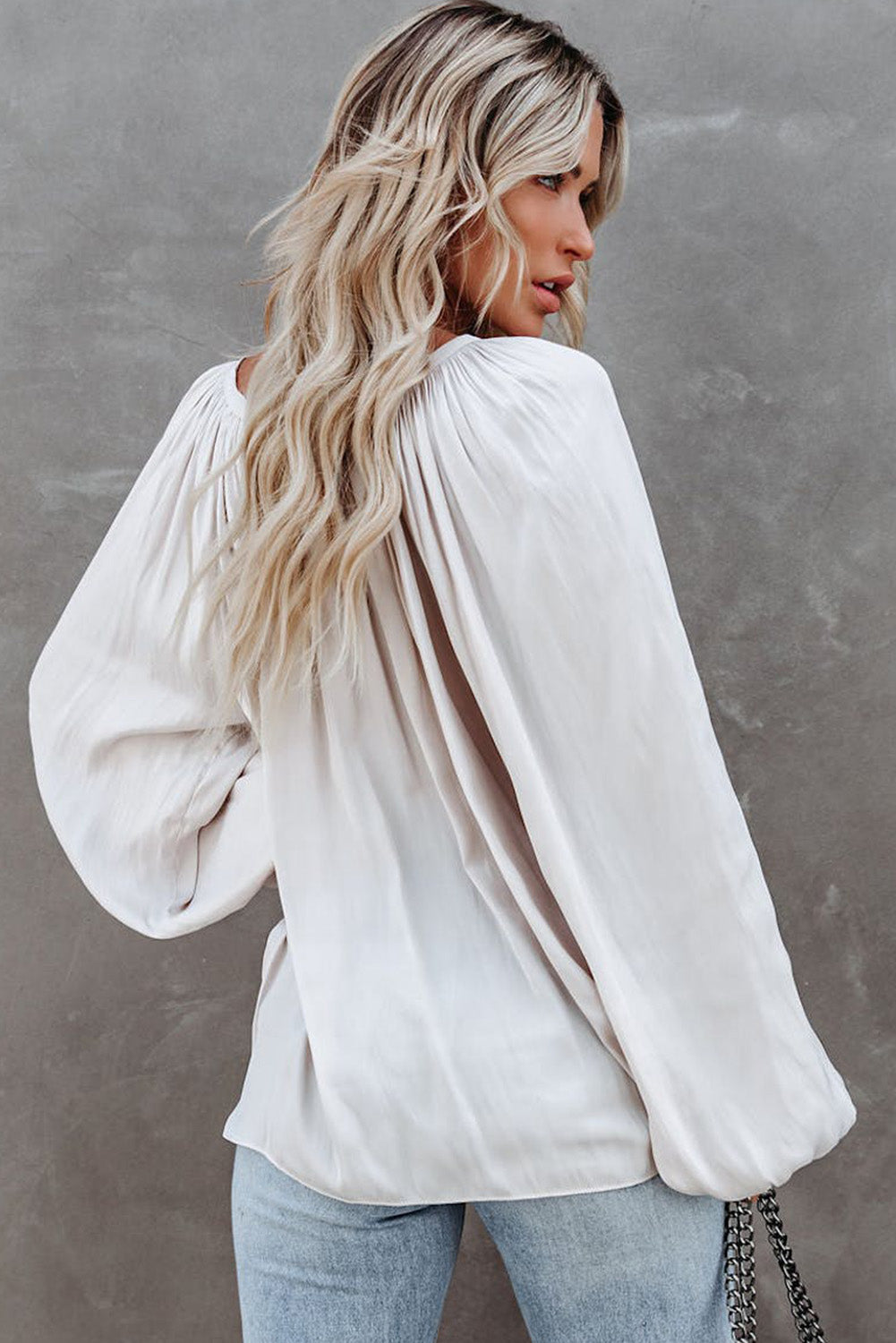 White Tie V Neck Pleated Puff Sleeve Satin Blouse