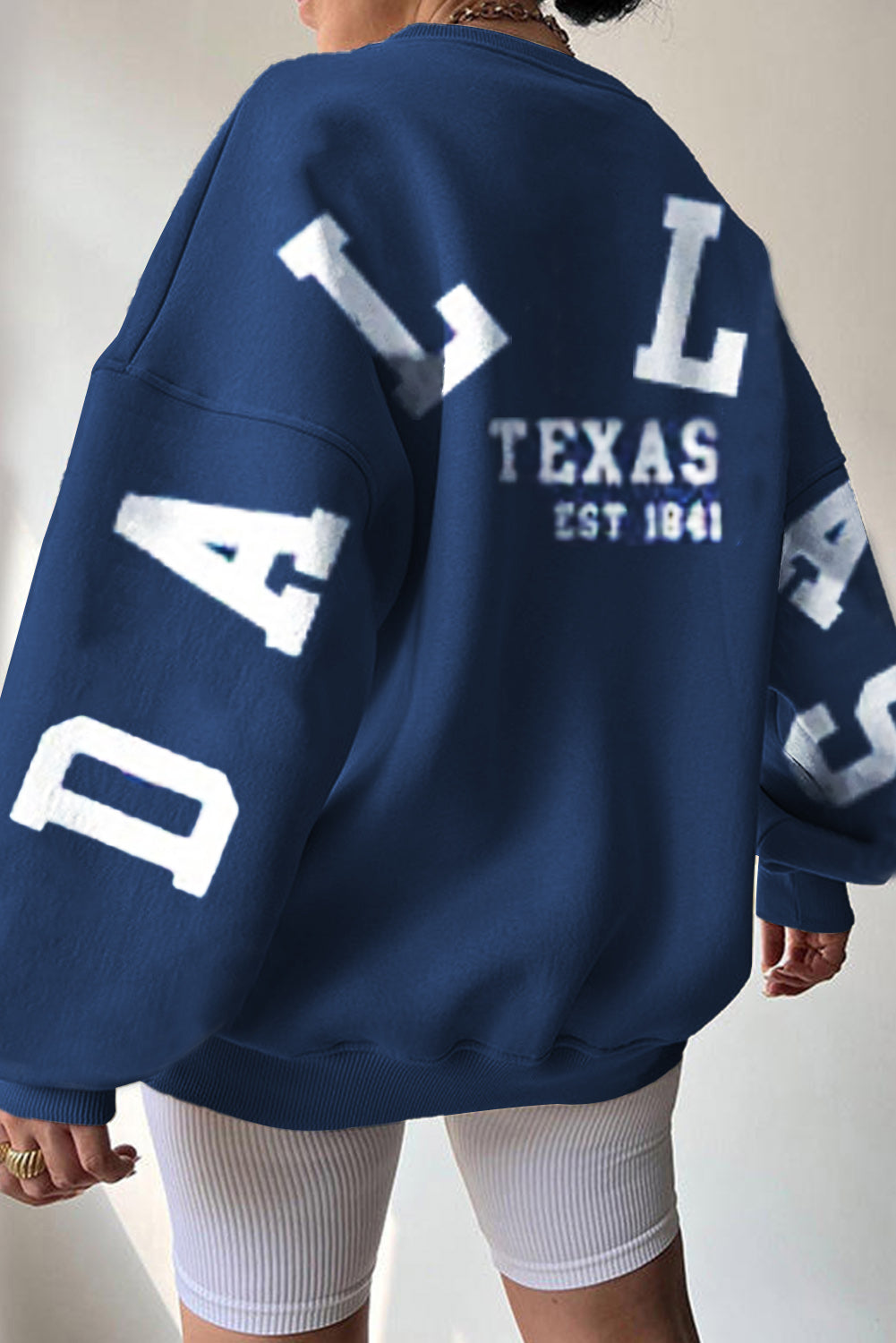 Blue Letter Print Crewneck Fleece Oversized Sweatshirt