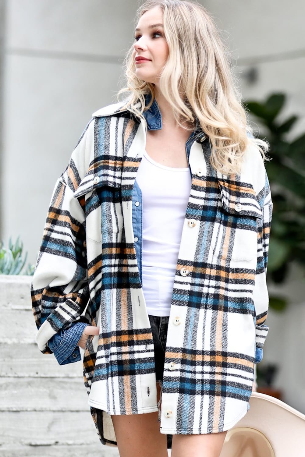 White Plaid Rounded Hem Oversized Shacket