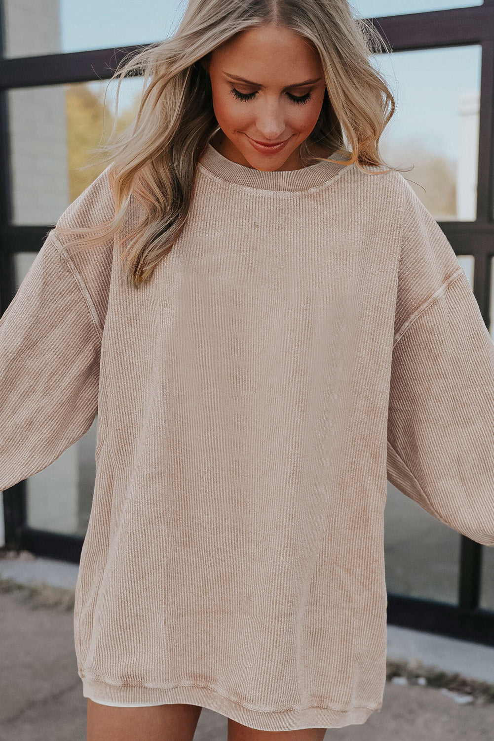 Light Grey Drop Shoulder Ribbed Oversized Sweatshirt