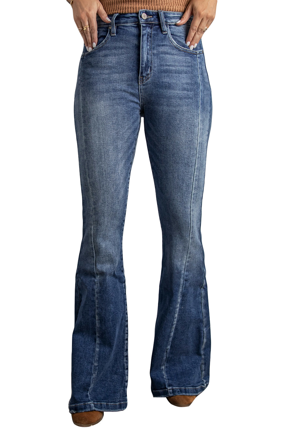 Blue Casual Pockets Chic High Waist Flare Jeans