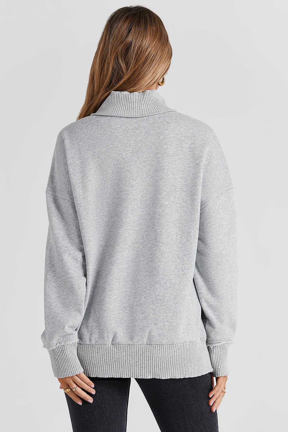 White Ribbed Trim Snap Button Collar Kangaroo Pocket Sweatshirt