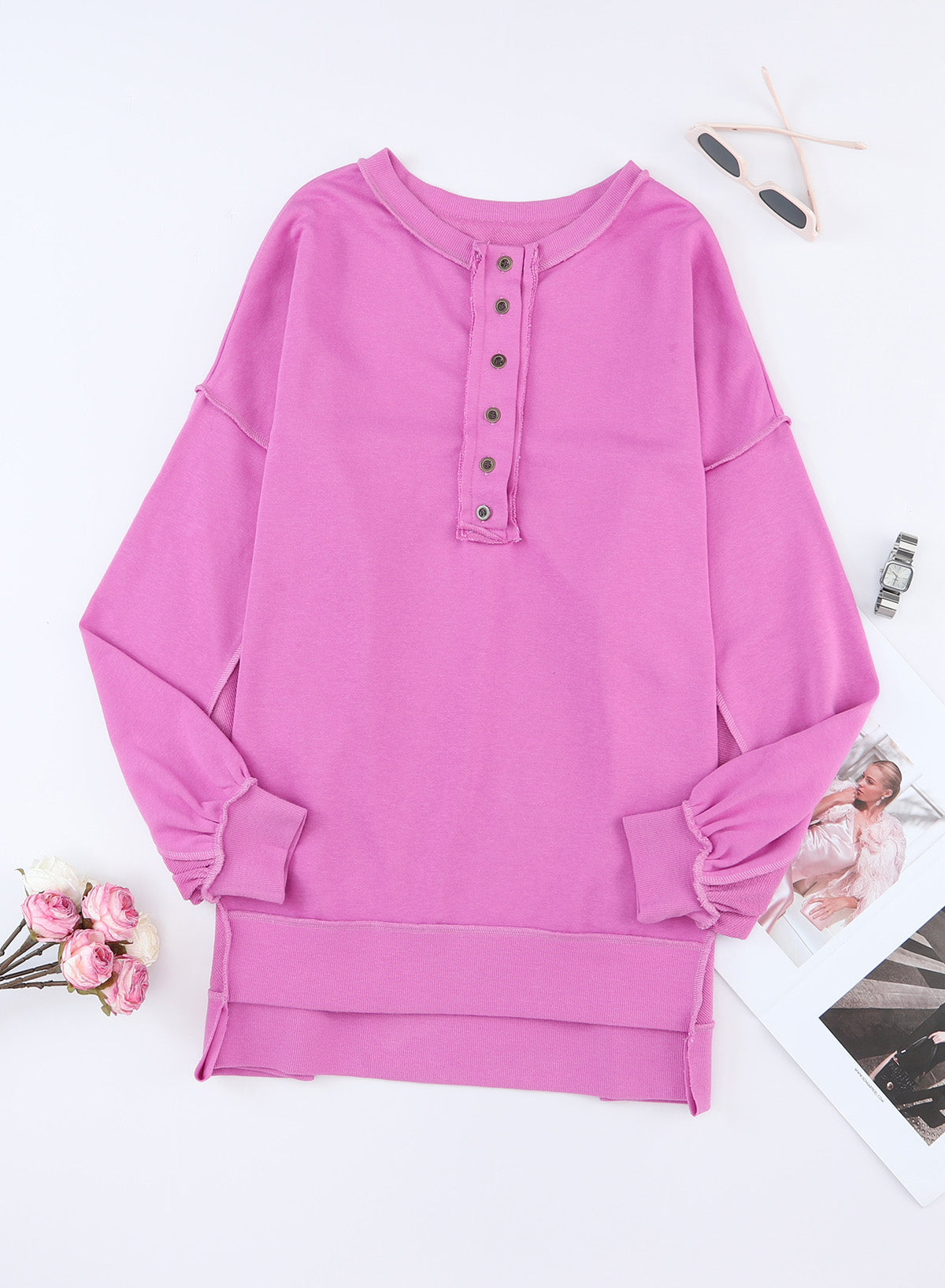 Green Patchwork Exposed Seam Oversized Henley Sweatshirt