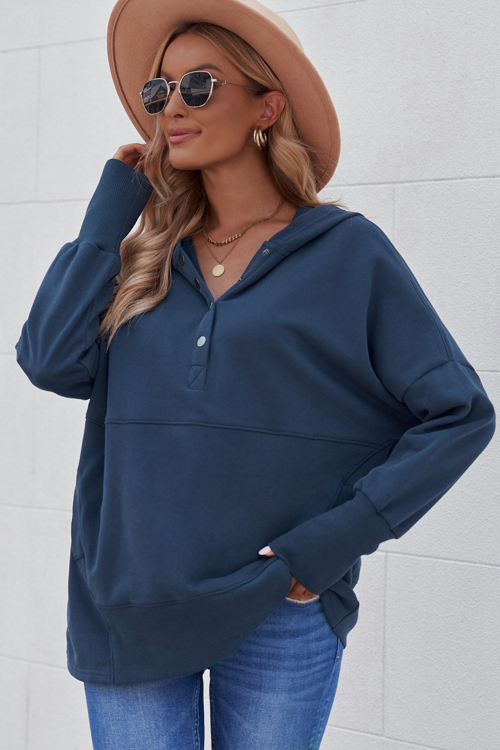 Dark Blue Snap Button Batwing Sleeve Pocket Henley Hoodie