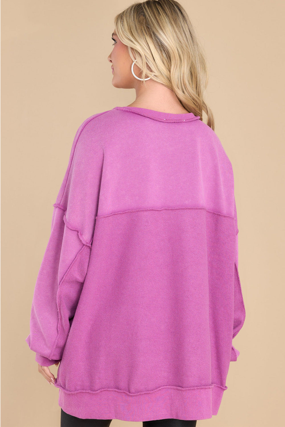 Green Patchwork Exposed Seam Oversized Henley Sweatshirt