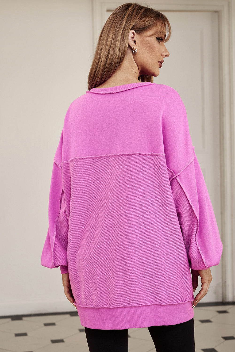 Green Patchwork Exposed Seam Oversized Henley Sweatshirt