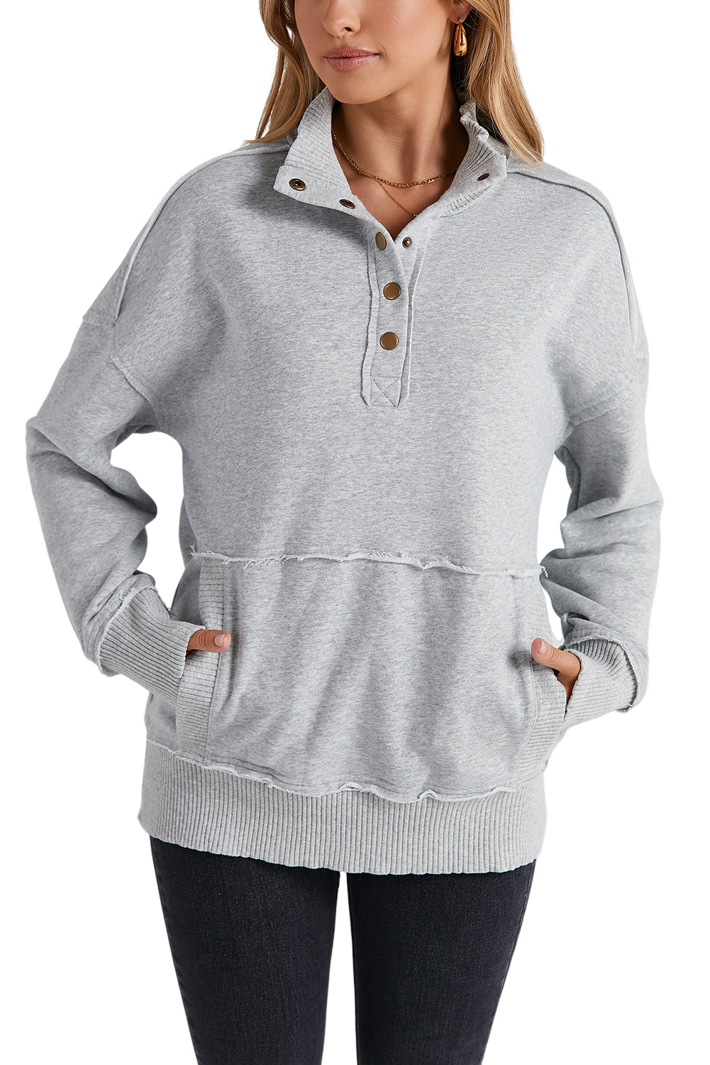 White Ribbed Trim Snap Button Collar Kangaroo Pocket Sweatshirt