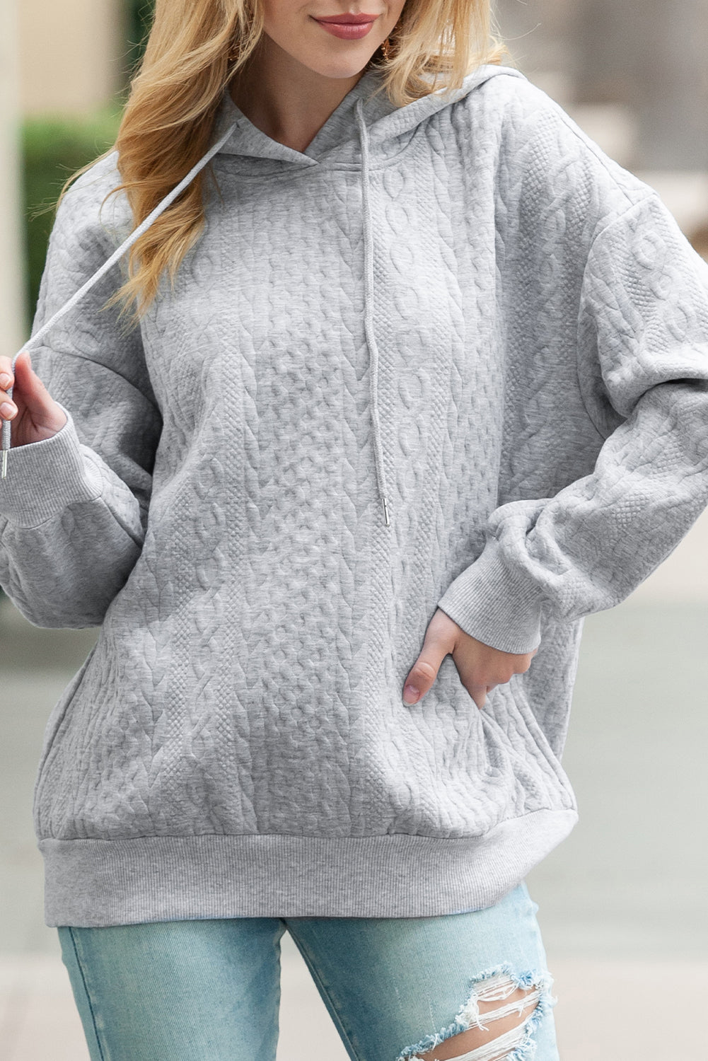 White Cable Textured Casual Drawstring Hoodie