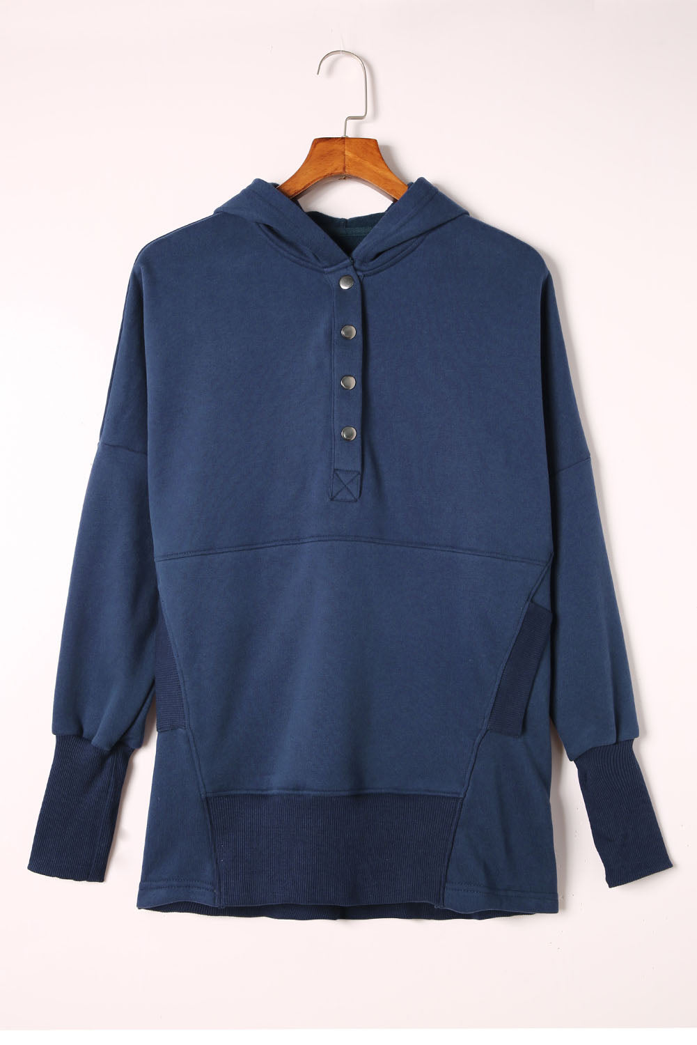 Dark Blue Snap Button Batwing Sleeve Pocket Henley Hoodie