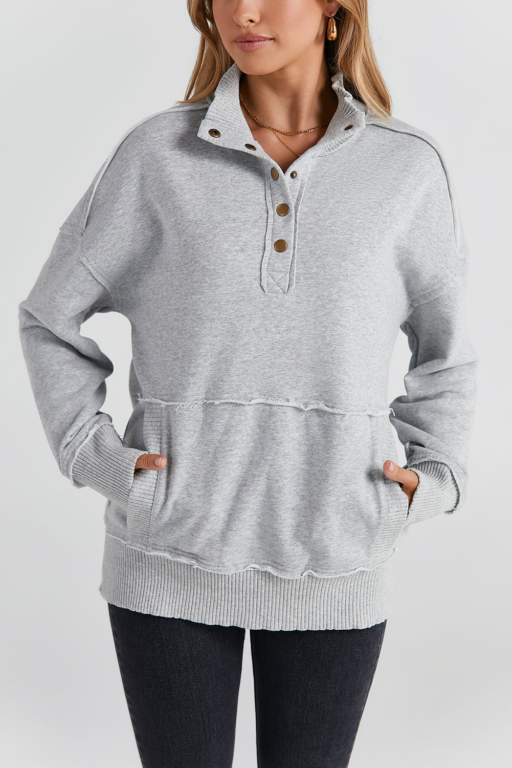 White Ribbed Trim Snap Button Collar Kangaroo Pocket Sweatshirt