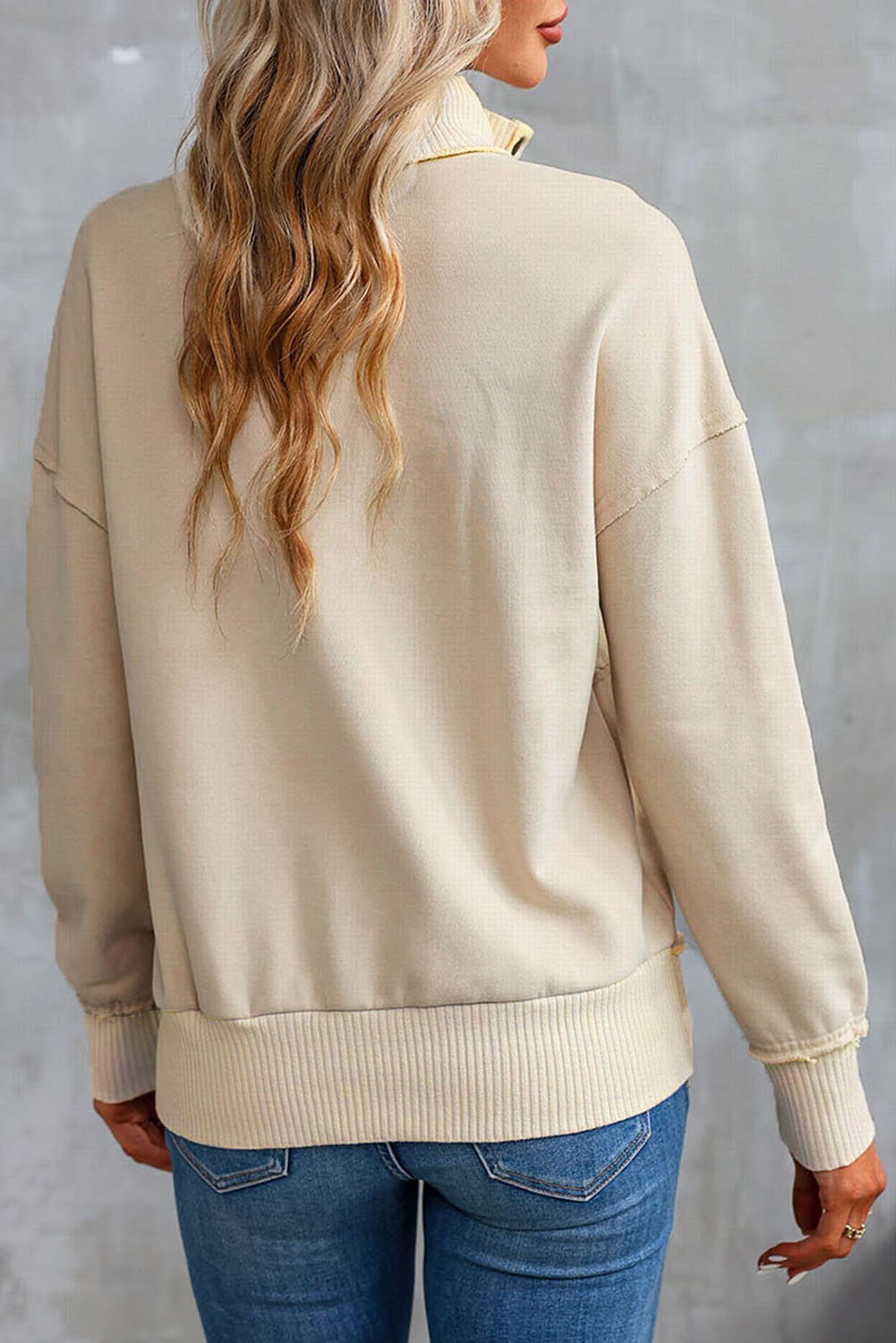 White Ribbed Trim Snap Button Collar Kangaroo Pocket Sweatshirt