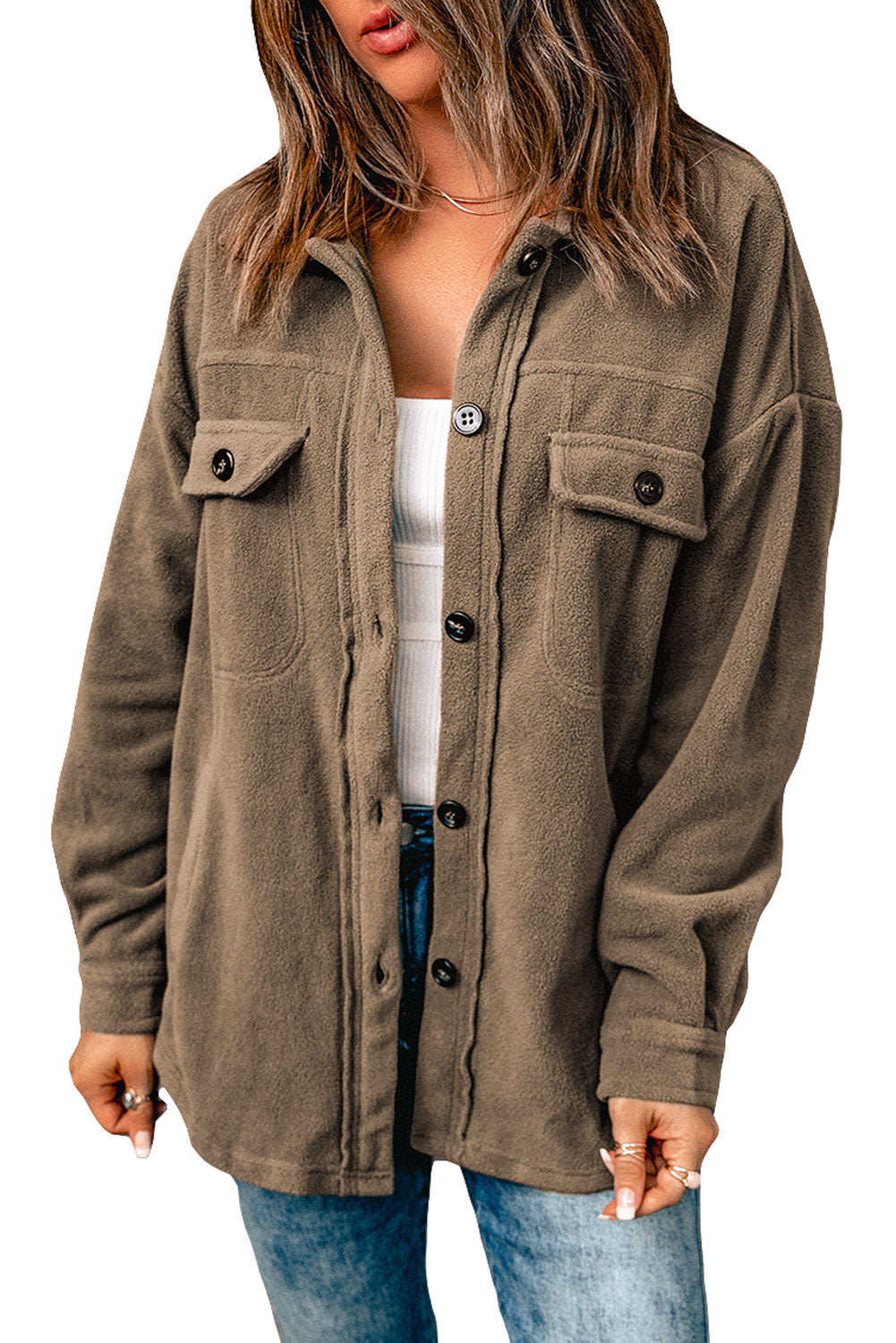 Green Plush Turn Down Collar Buttoned Shirt Shacket