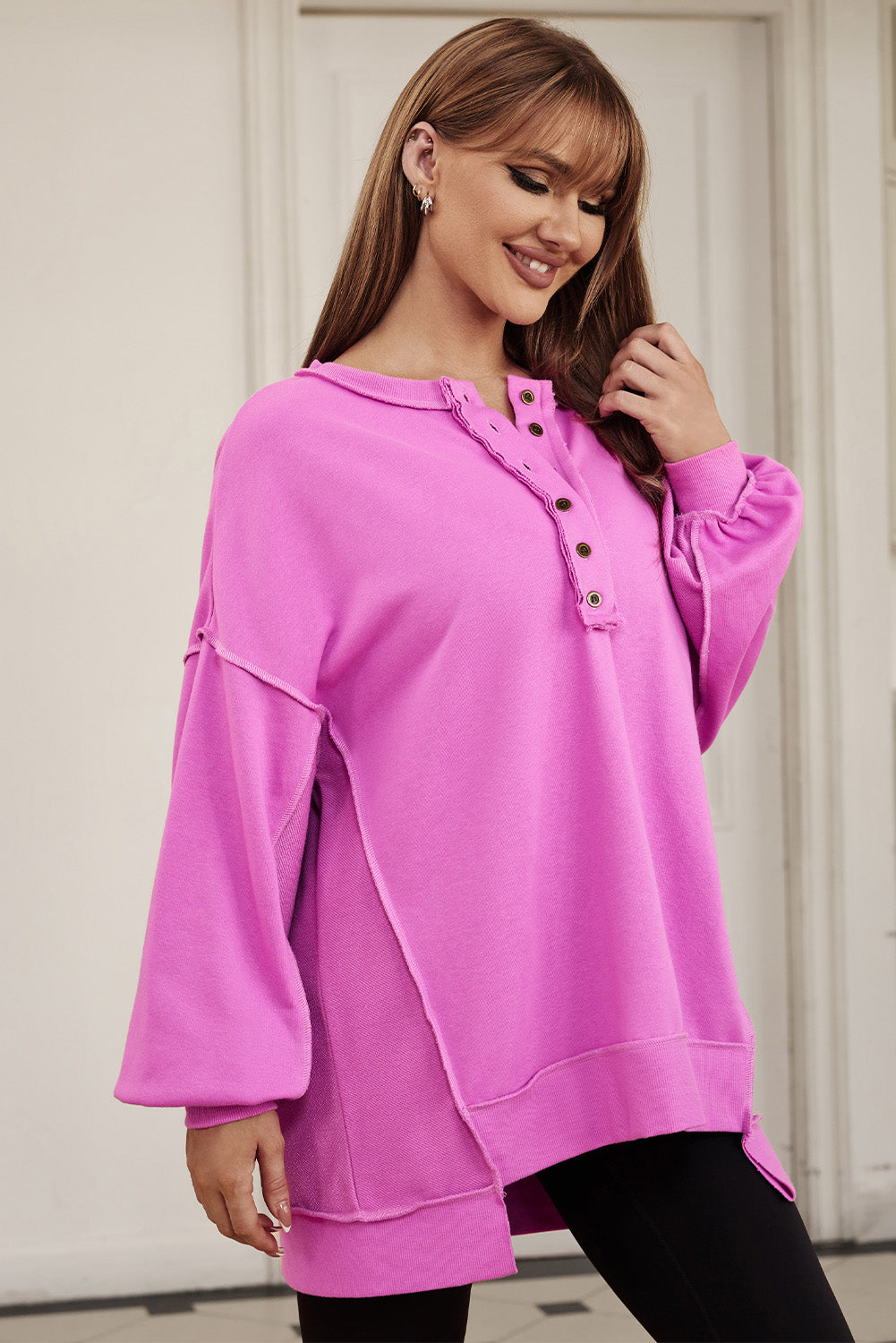 Green Patchwork Exposed Seam Oversized Henley Sweatshirt