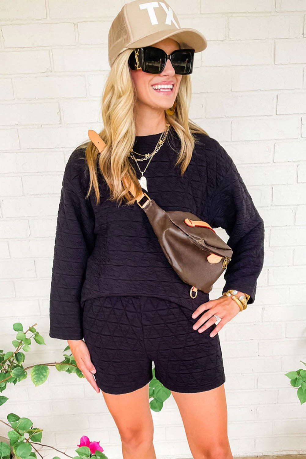 Black Quilted Long Sleeve Top and Shorts Set