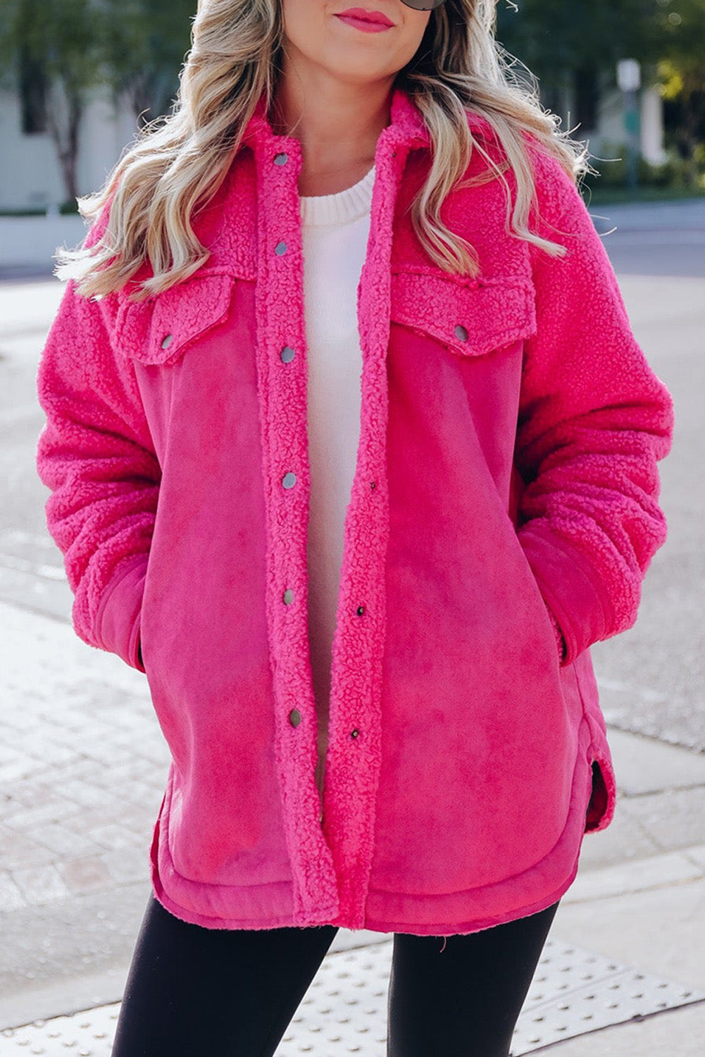 Rosy Faux Suede Sherpa Patchwork Button Up Shacket