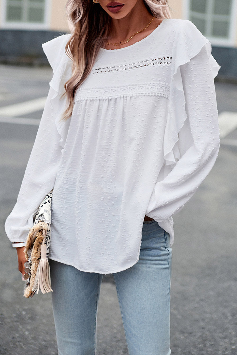 Bright White Swiss Dot Ruffle Shoulder Long Sleeve Blouse