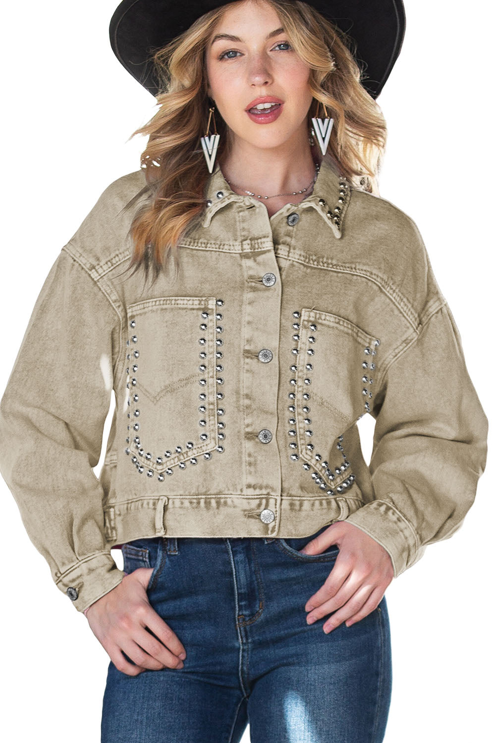 Khaki Rivets Pocketed Cropped Denim Jacket