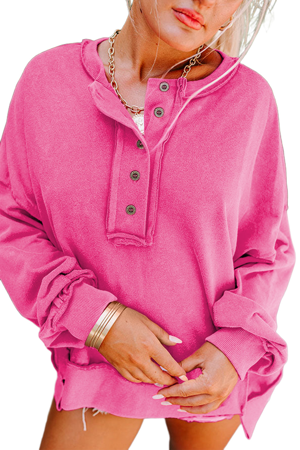 Hot Pink Slouchy Drop Shoulder Henley Sweatshirt