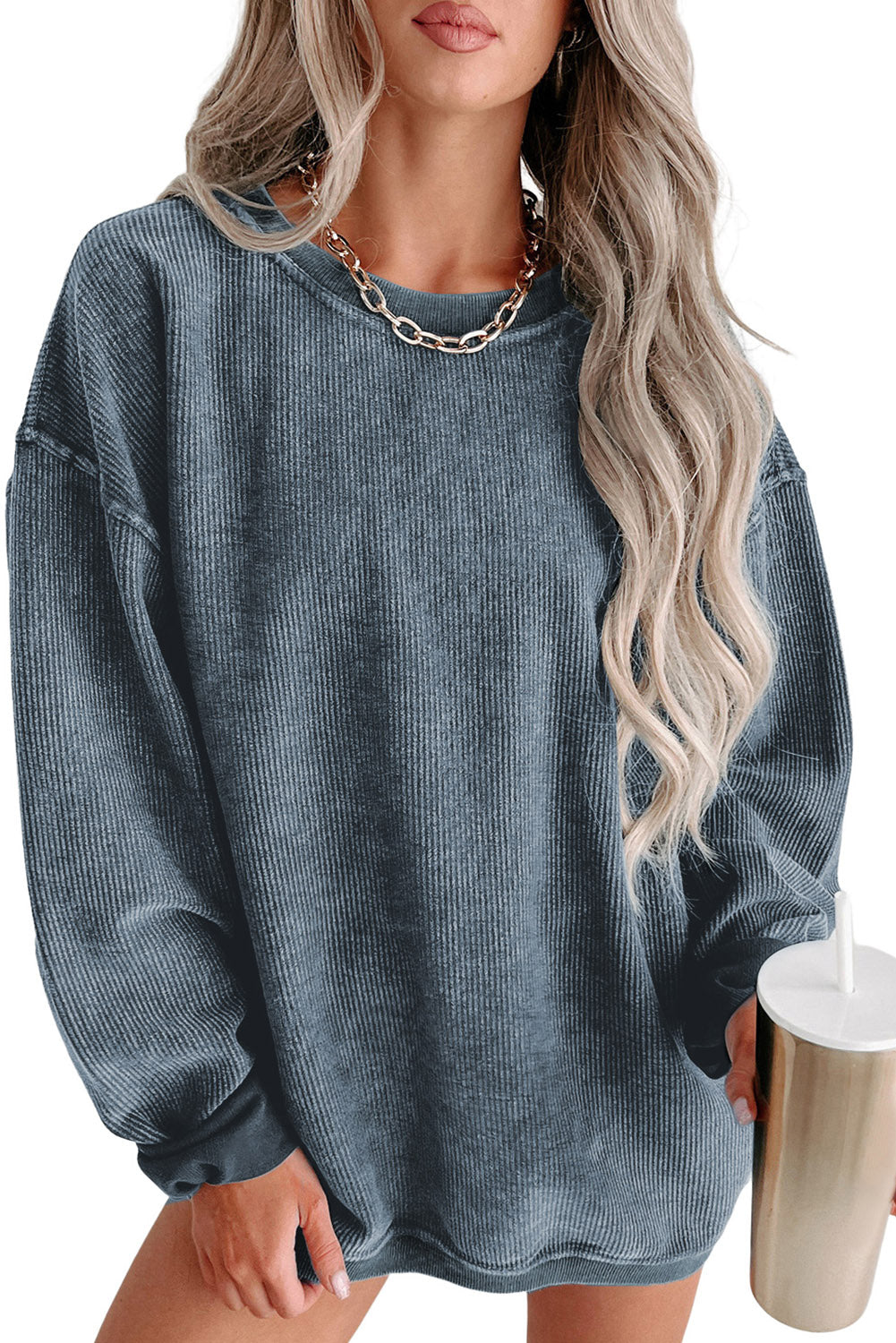 Plain Gray Solid Ribbed Knit Round Neck Pullover Sweatshirt