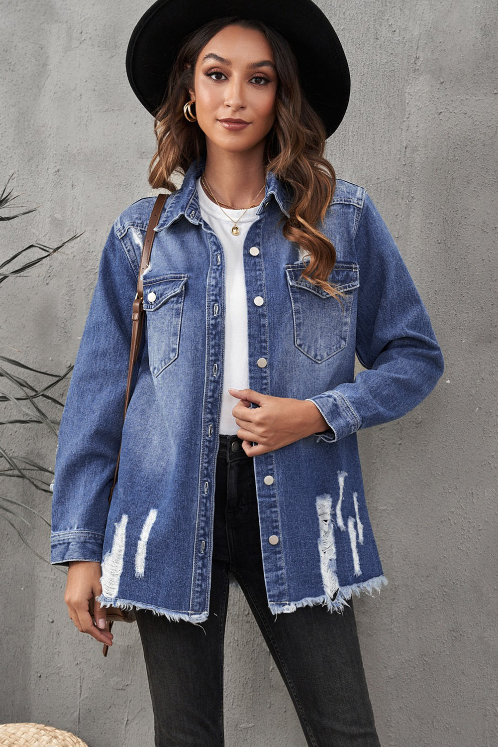 Dark Blue Flap Pocket Distressed Raw Hem Denim Jacket