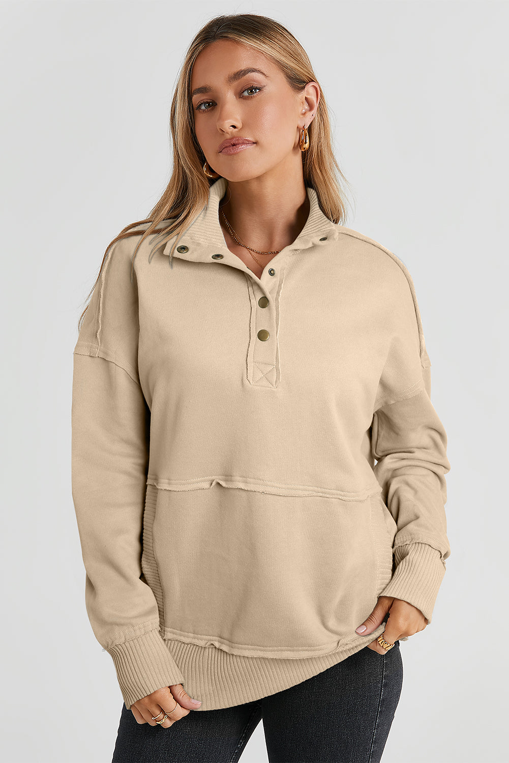 White Ribbed Trim Snap Button Collar Kangaroo Pocket Sweatshirt