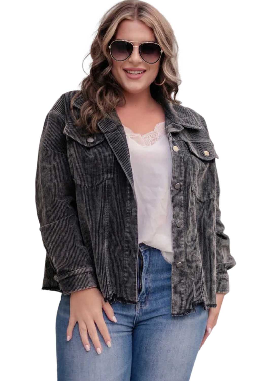 Gray Plus Size Flap Pocket Raw Edge Corduroy Jacket