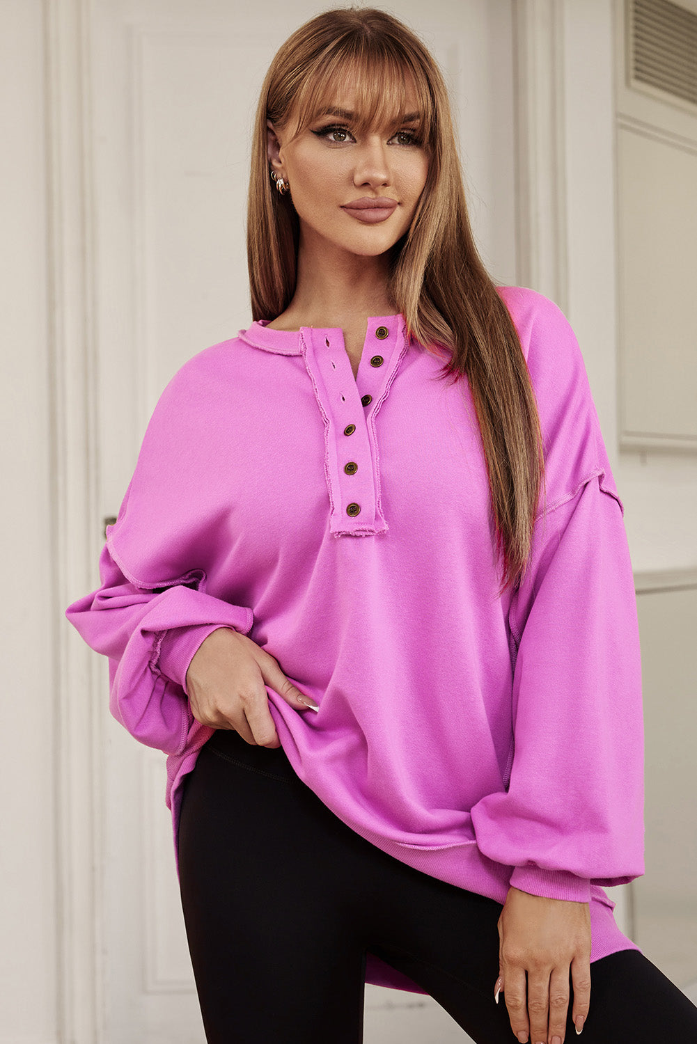Green Patchwork Exposed Seam Oversized Henley Sweatshirt
