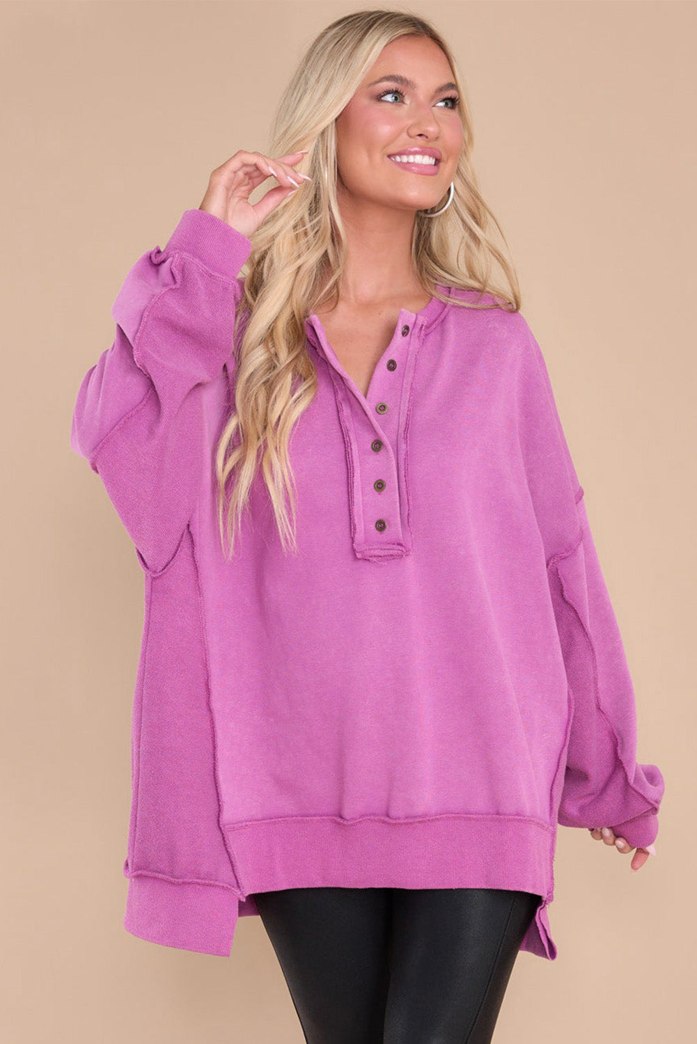 Green Patchwork Exposed Seam Oversized Henley Sweatshirt