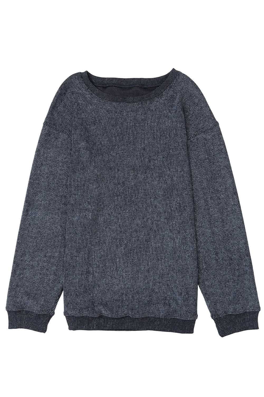 Plain Gray Solid Ribbed Knit Round Neck Pullover Sweatshirt