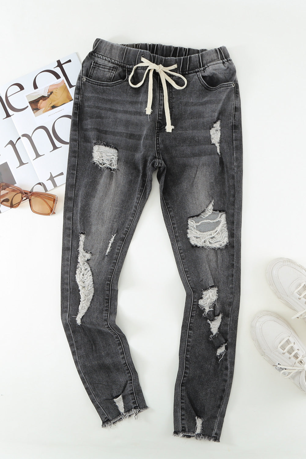 Light Blue Drawstring Elastic Waist Jeans With Hole