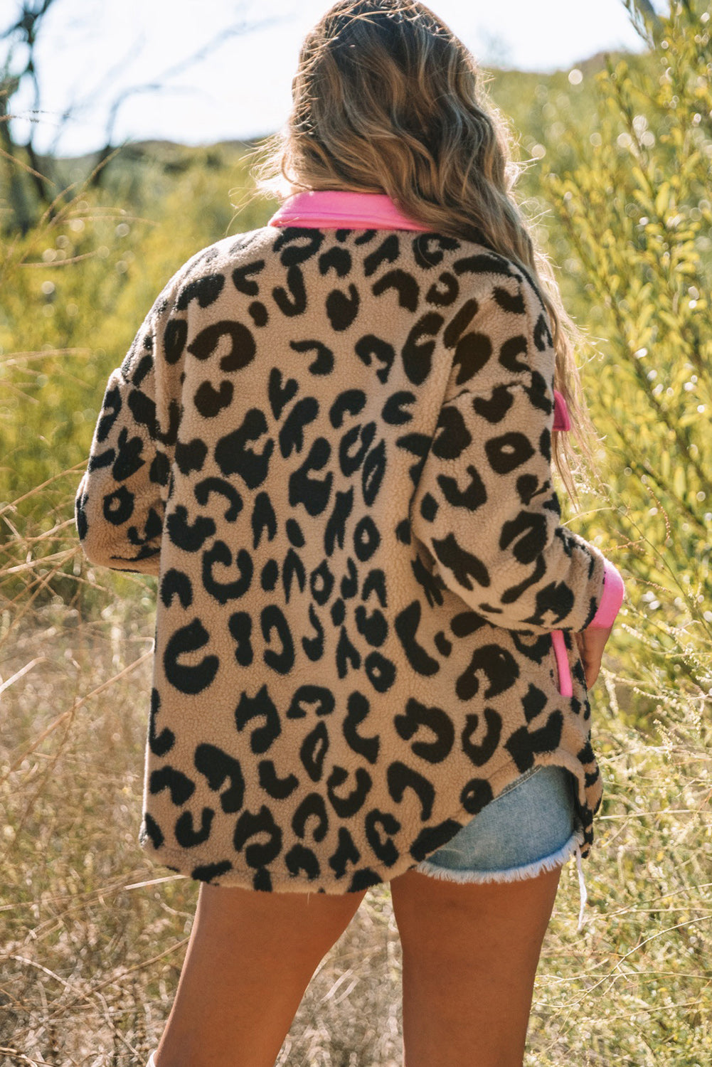 Cheetah Print Casual Contrast Binding Pocket Fur Shacket