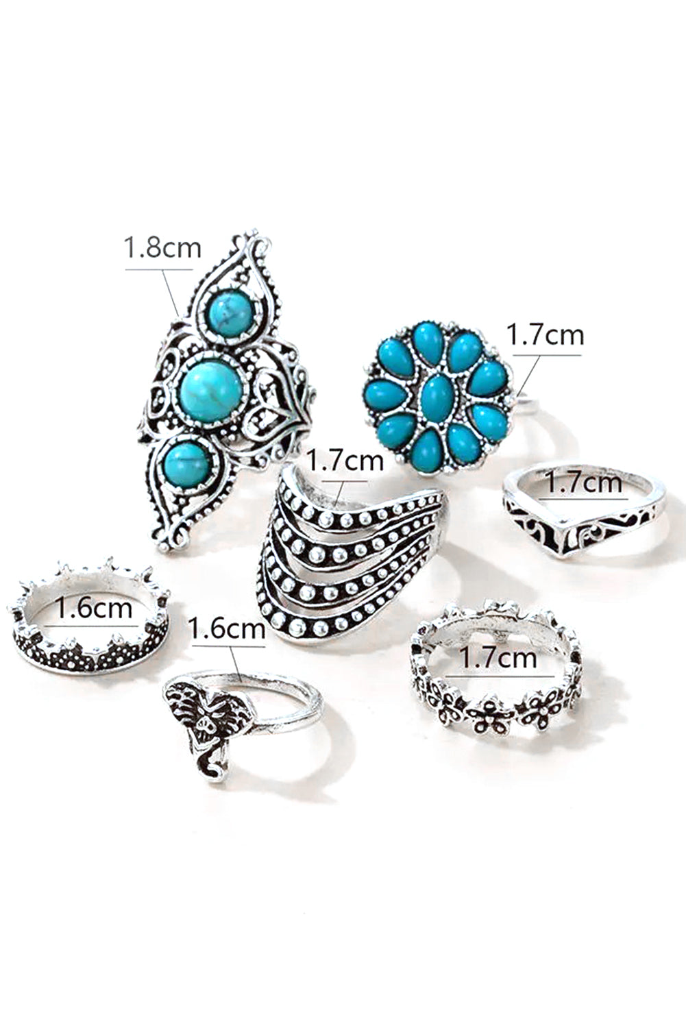 Green Vintage 7Pcs Floral Geometric Turquoise Ring Set