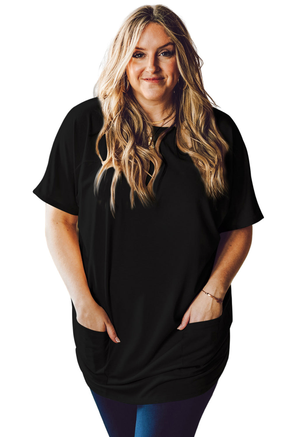 Black Side Pockets Short Sleeve Plus Size T Shirt