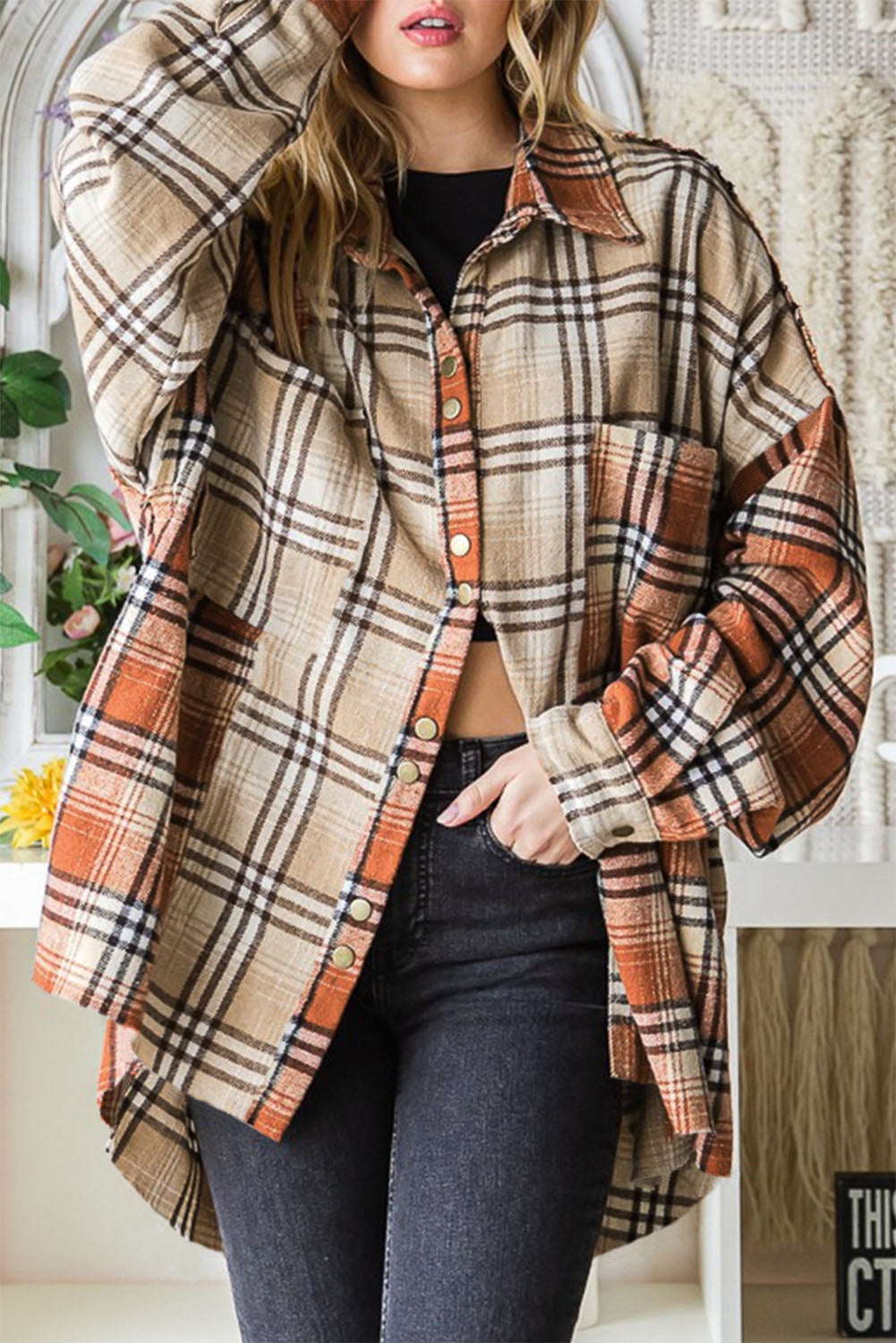 Khaki Plaid Chest Pocket Oversized Rounded Hem Shacket