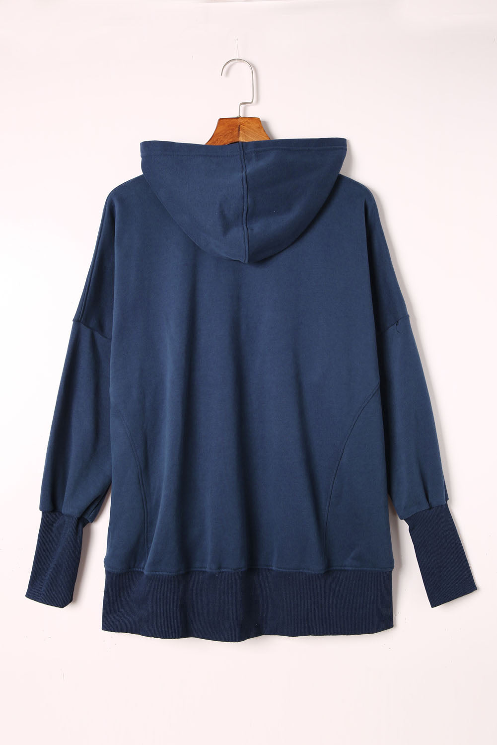 Dark Blue Snap Button Batwing Sleeve Pocket Henley Hoodie