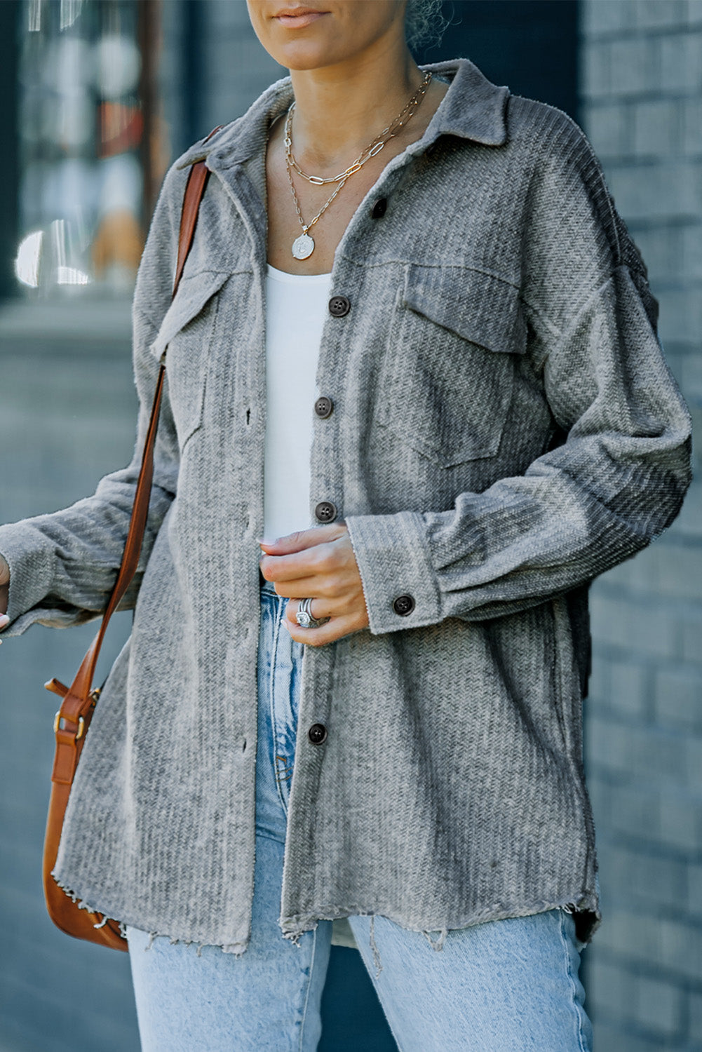 Grey Textured Button Down Pocket Shirt Shacket