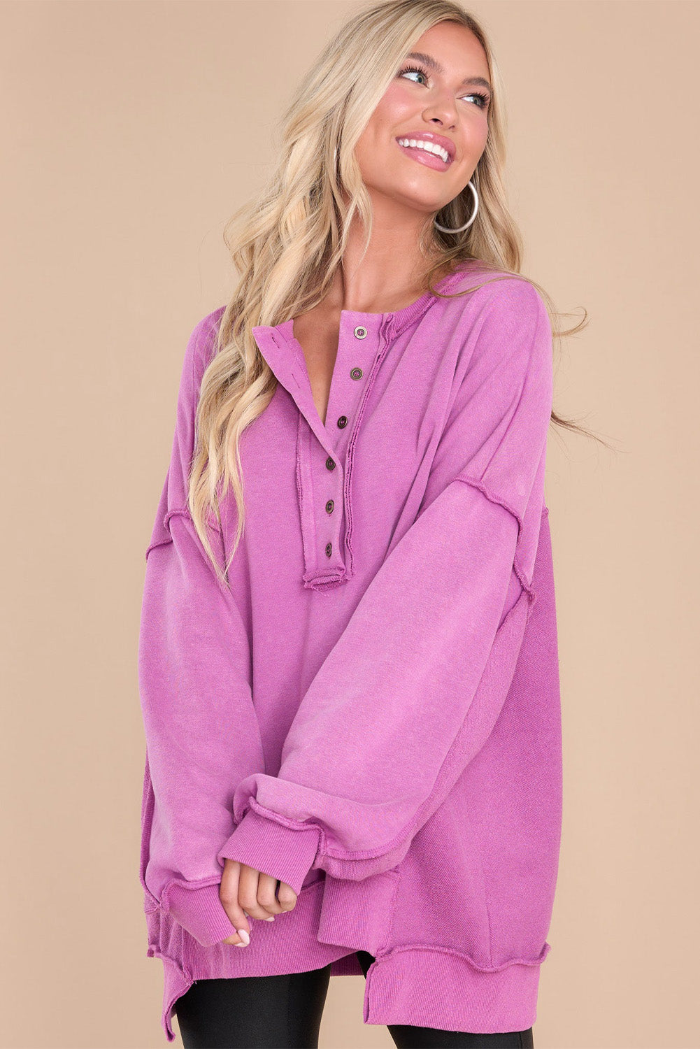 Green Patchwork Exposed Seam Oversized Henley Sweatshirt