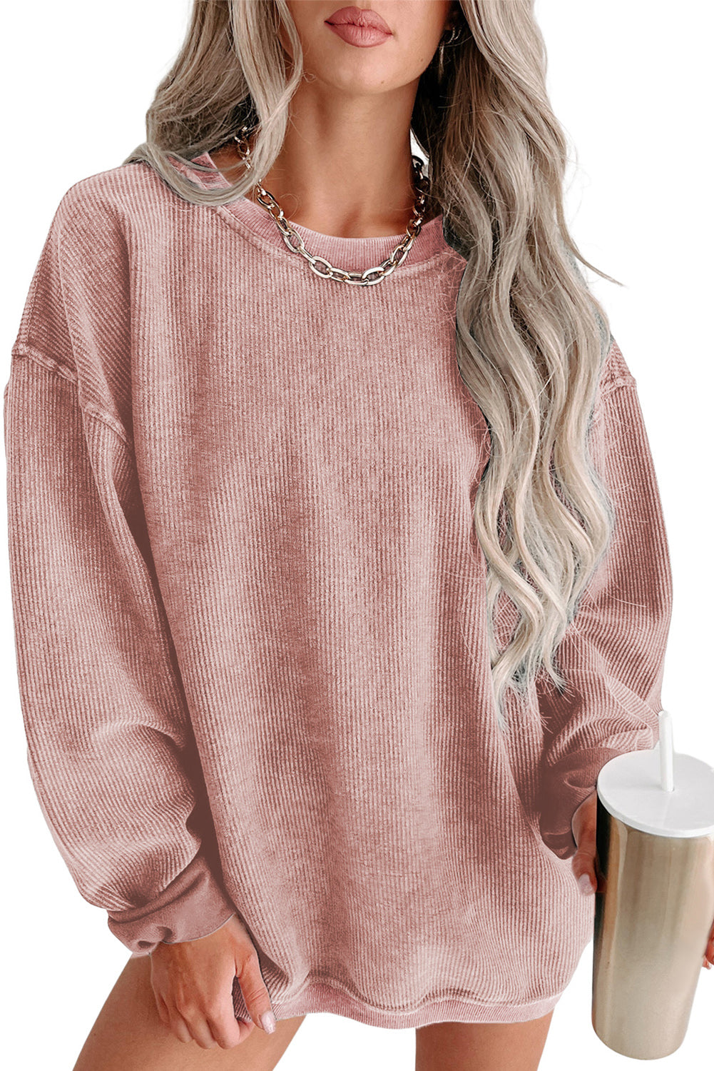 Plain Gray Solid Ribbed Knit Round Neck Pullover Sweatshirt