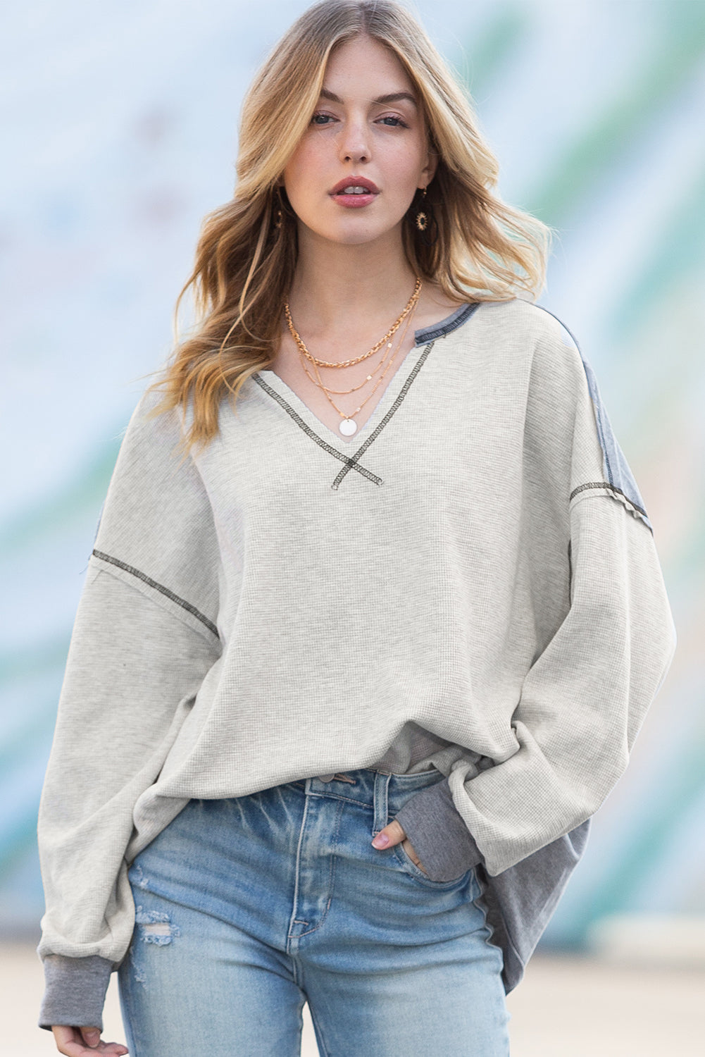 Gray Patchwork Ribbed Drop Shoulder Long Sleeve Top