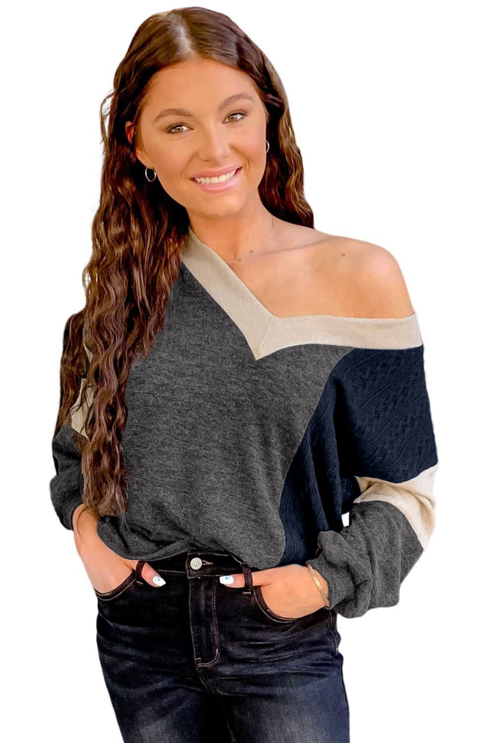 Black Contrast V Neck Colorblock Long Sleeve Top